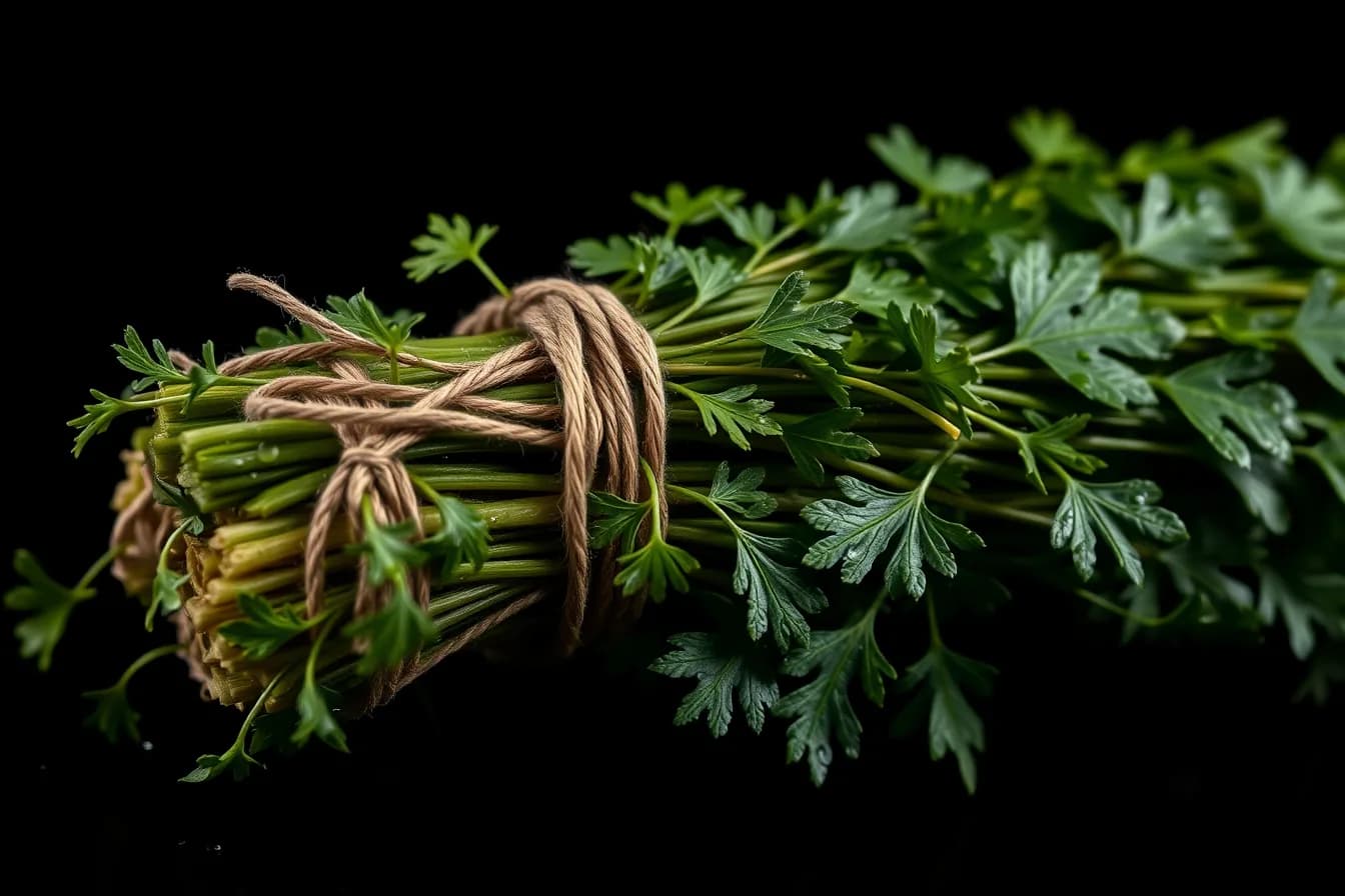 A fresh bunch of leafy herbs tied with twine