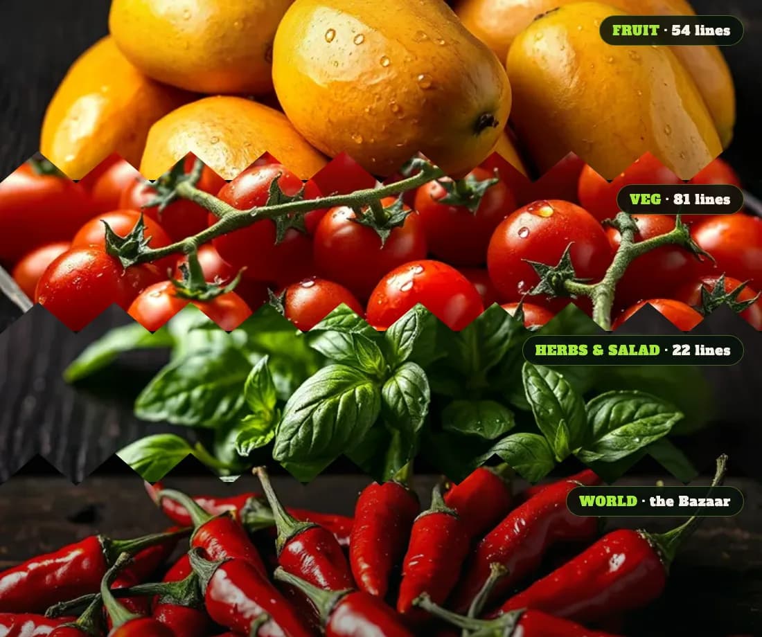 The four aisles of the range - fruit, veg, herbs and salad, and world produce - stacked in one collage