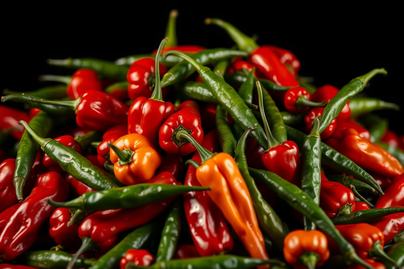 A pile of glossy scotch bonnet and green chillies