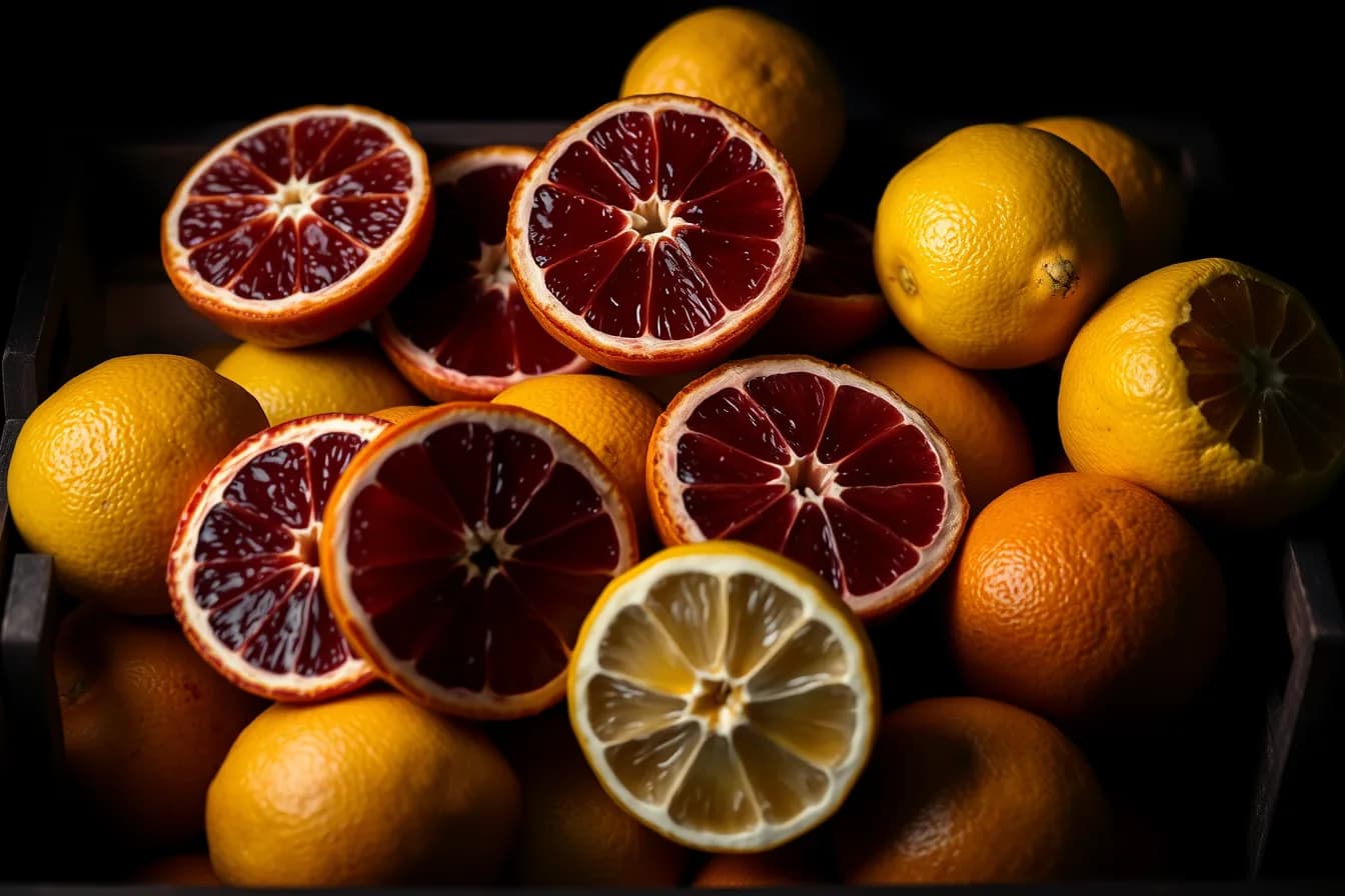 Halved blood oranges and lemons in a dark wooden crate