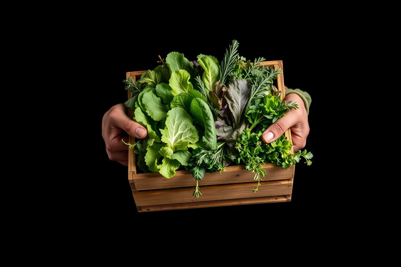 Hands lifting a crate packed with fresh leafy greens and herbs