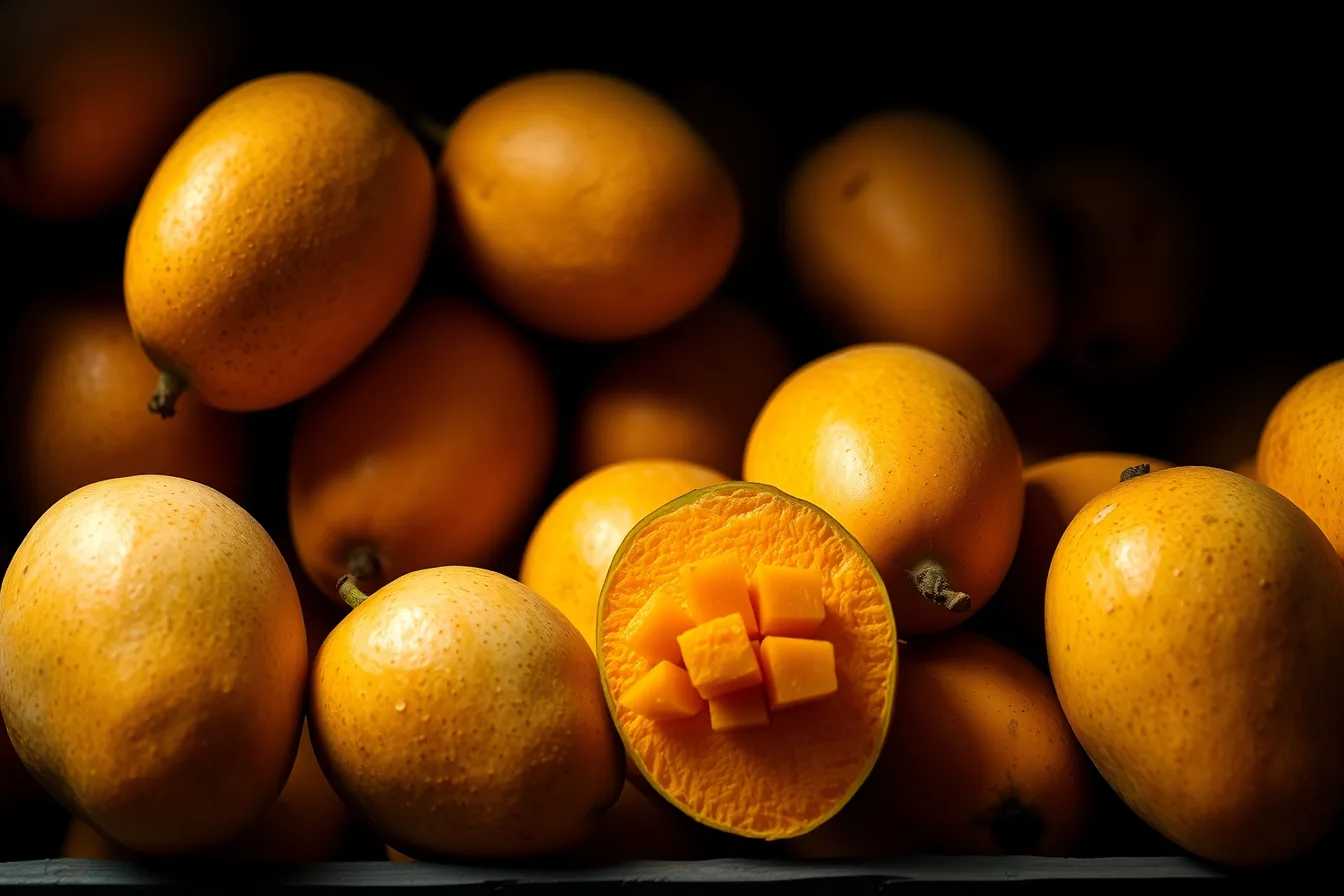 Golden mangoes stacked in a crate, one cut open